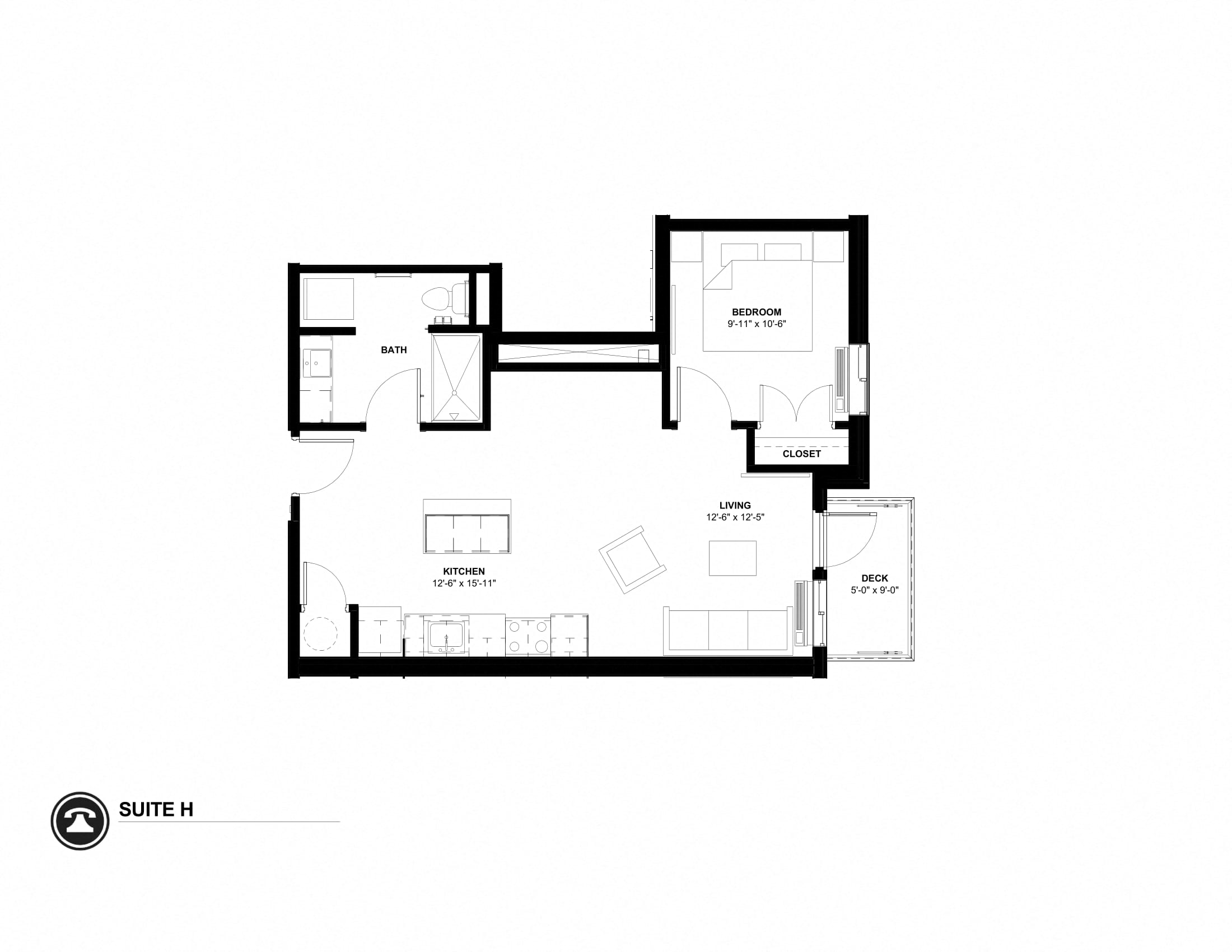 Floor plan for 1 bed, 0.8 baths, 653 sqft